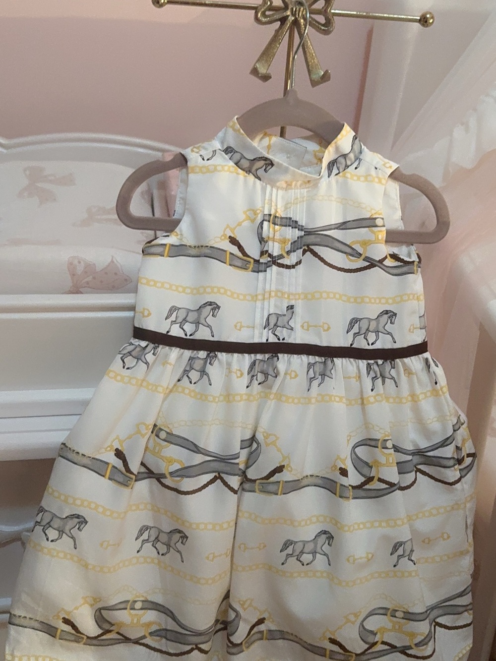 Janie and Jack Cream Dress with Brown and Gold Equestrian Print